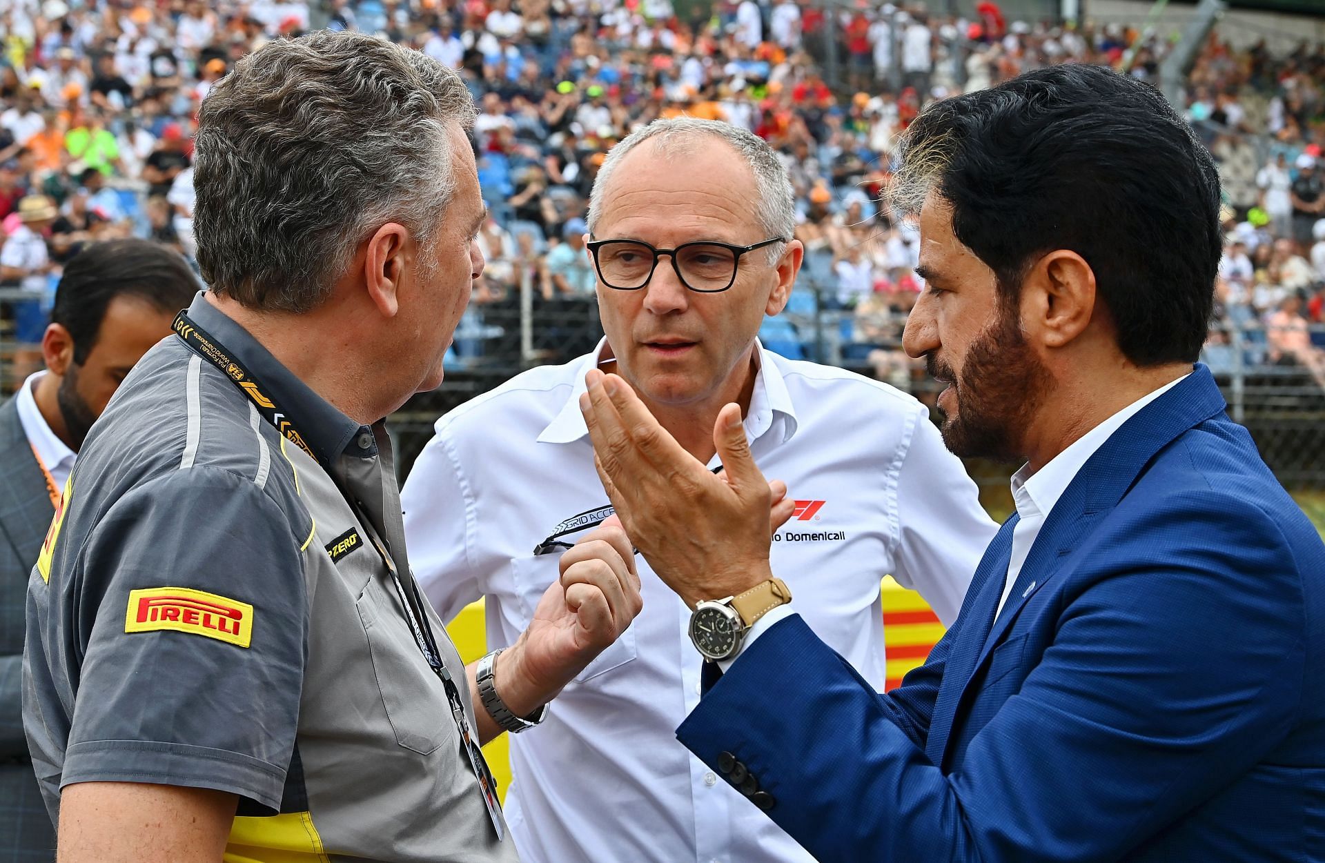 Director of Pirelli F1 Mario Isola, Stefano Domenicali, CEO of the Formula One Group, and Mohammed ben Sulayem, FIA President. (from Left) Source: Getty Images