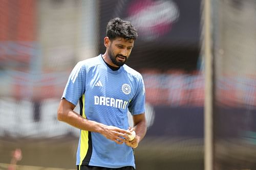 Khaleel Ahmed of India takes part in a net session.
