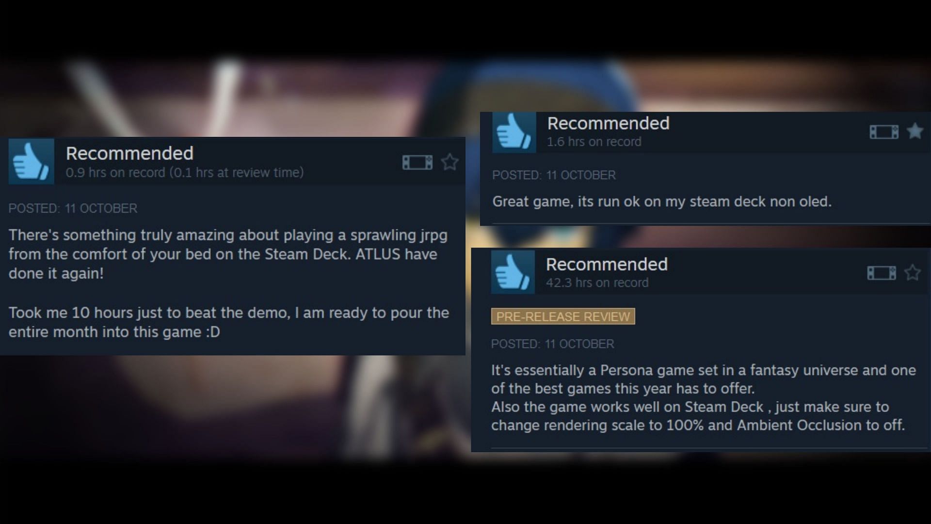 Some of the reviews on the game&#039;s Steam page regarding performance on the Steam Deck handheld system (Image via Atlus)