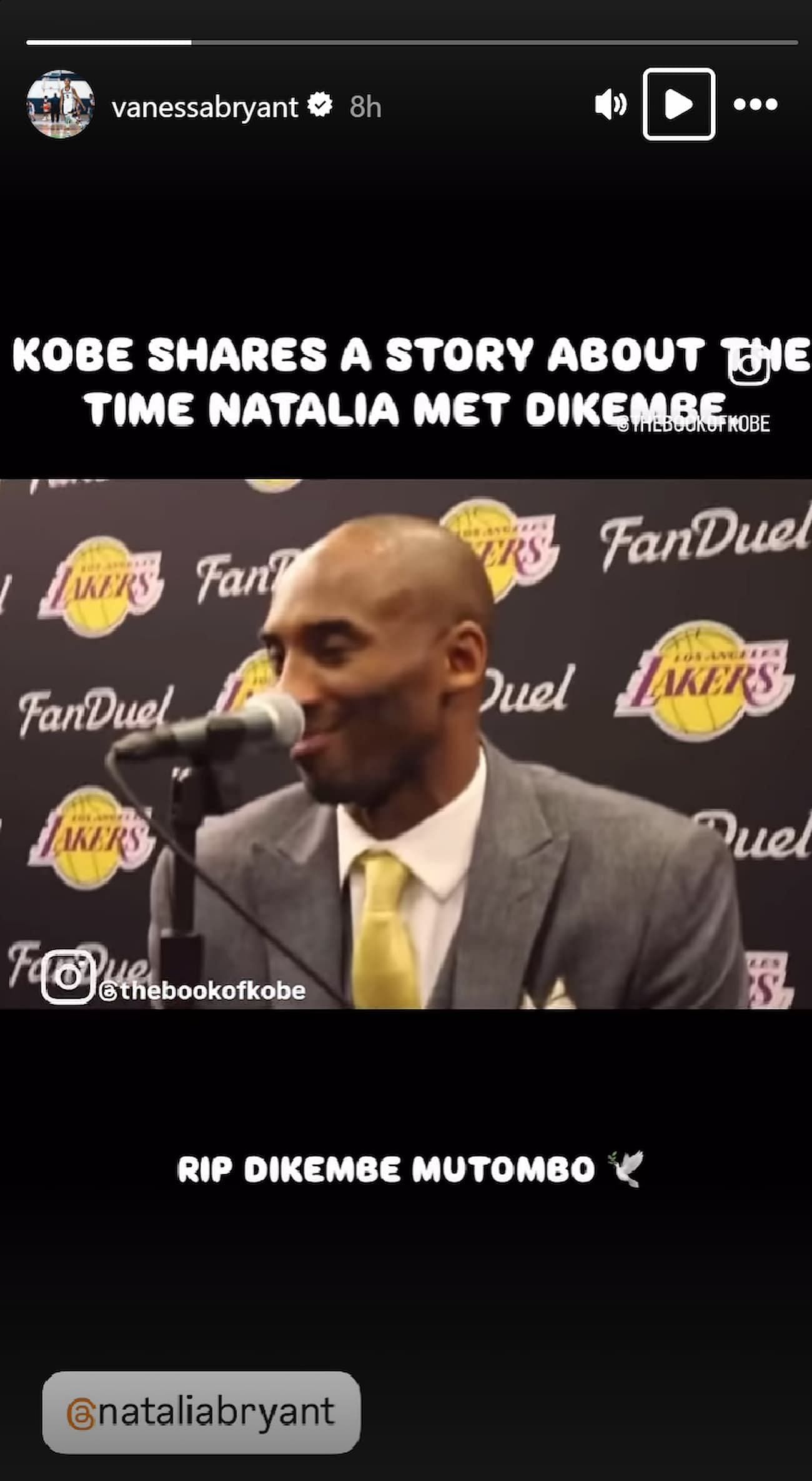 Vanessa Bryant shares clip of Kobe Bryant telling how their daughter Natalia met Dikembe (image credit: instagram/vanessabryant)