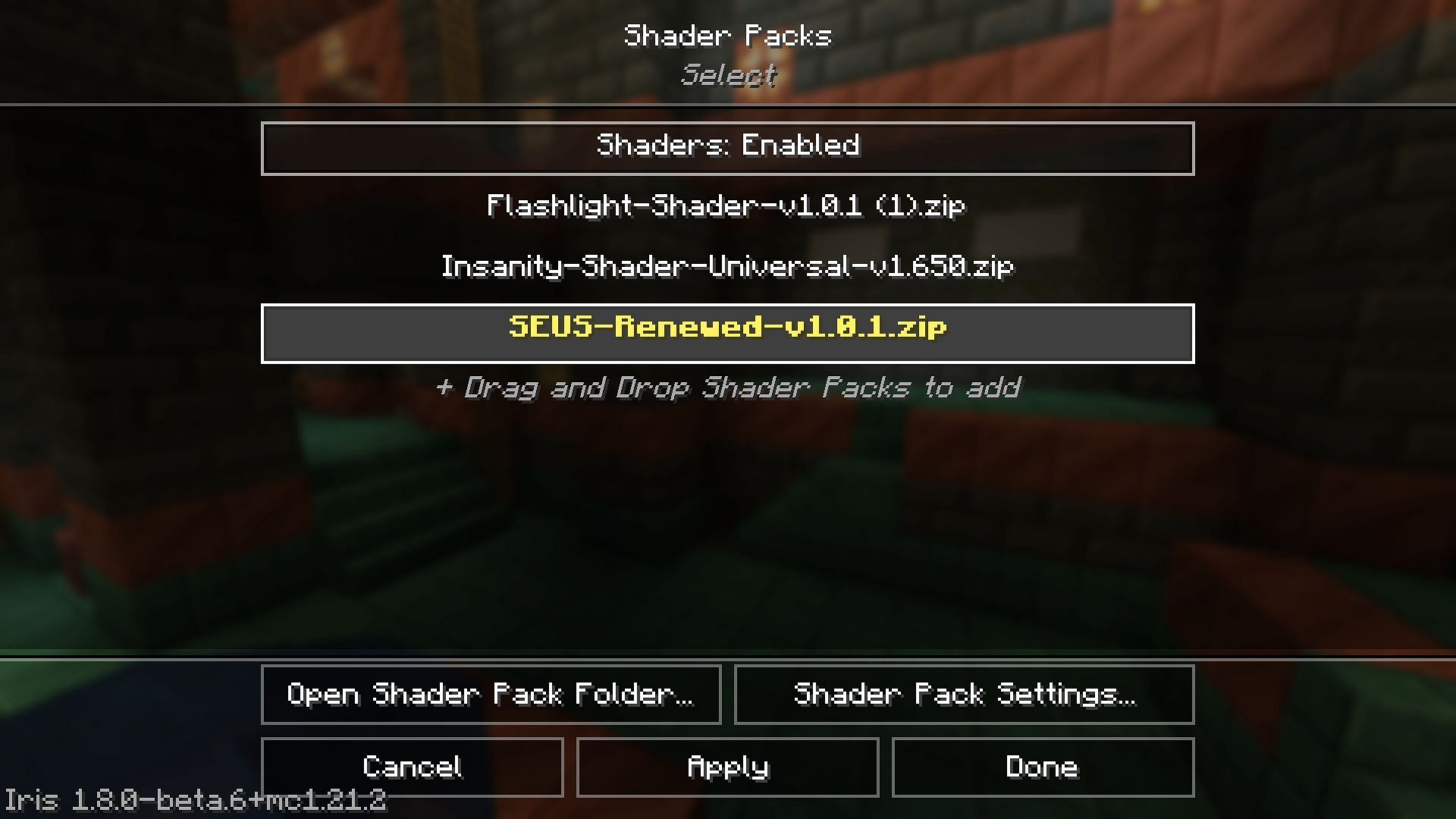 The intuitive interface of the Iris mod makes it really easy to use shaders in Minecraft 1.21.3 (Image via Mojang Studios)