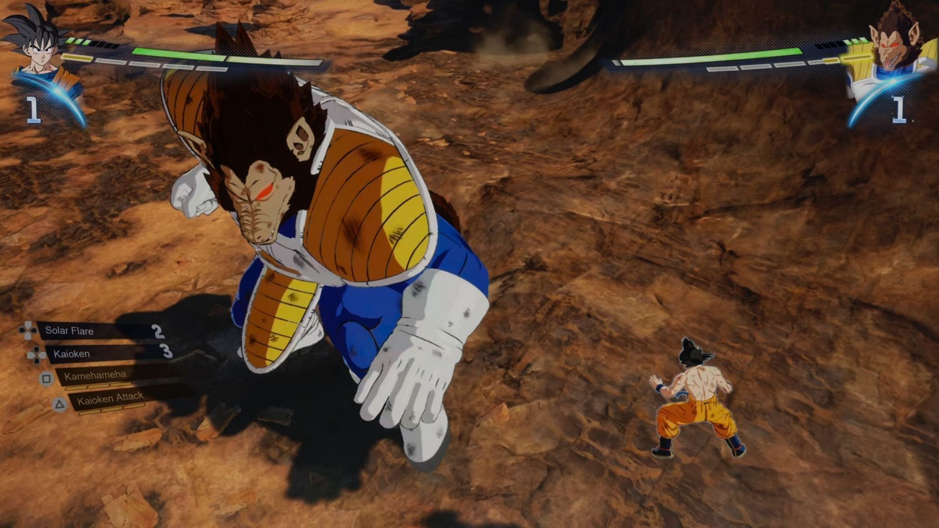 The rocky terrain is an essential tool for defeating Vegeta (Image via Bandai Namco)