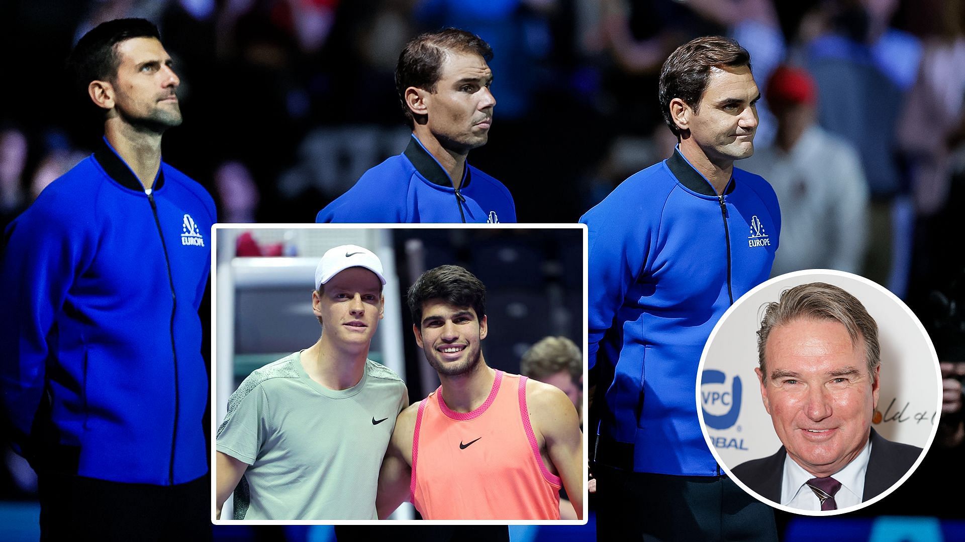 Novak Djokovic, Rafael Nadal and Roger Federer (background), Jannik Sinner and Carlos Alcaraz (bottom center), Jimmy Connors (bottom right), Sources: Getty 