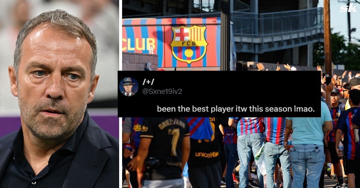 Hansi Flick and Barcelona fans (Images via Getty and X/@Sxne19iv2)