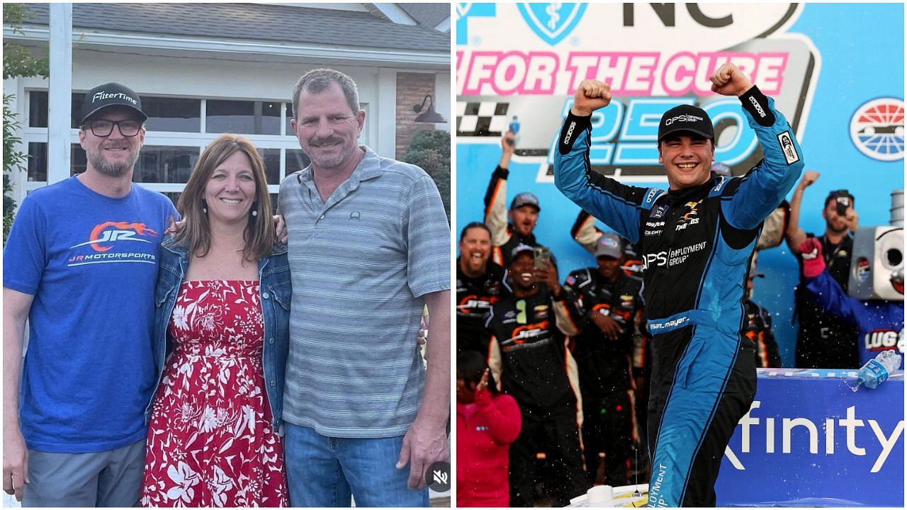 JR Motorsports driver Sam Mayer after his recent win at Charlotte Motor Speedway. ( Source - (L) Instagram/@kelleyearnhardtmiller &amp; (R) Imagn )