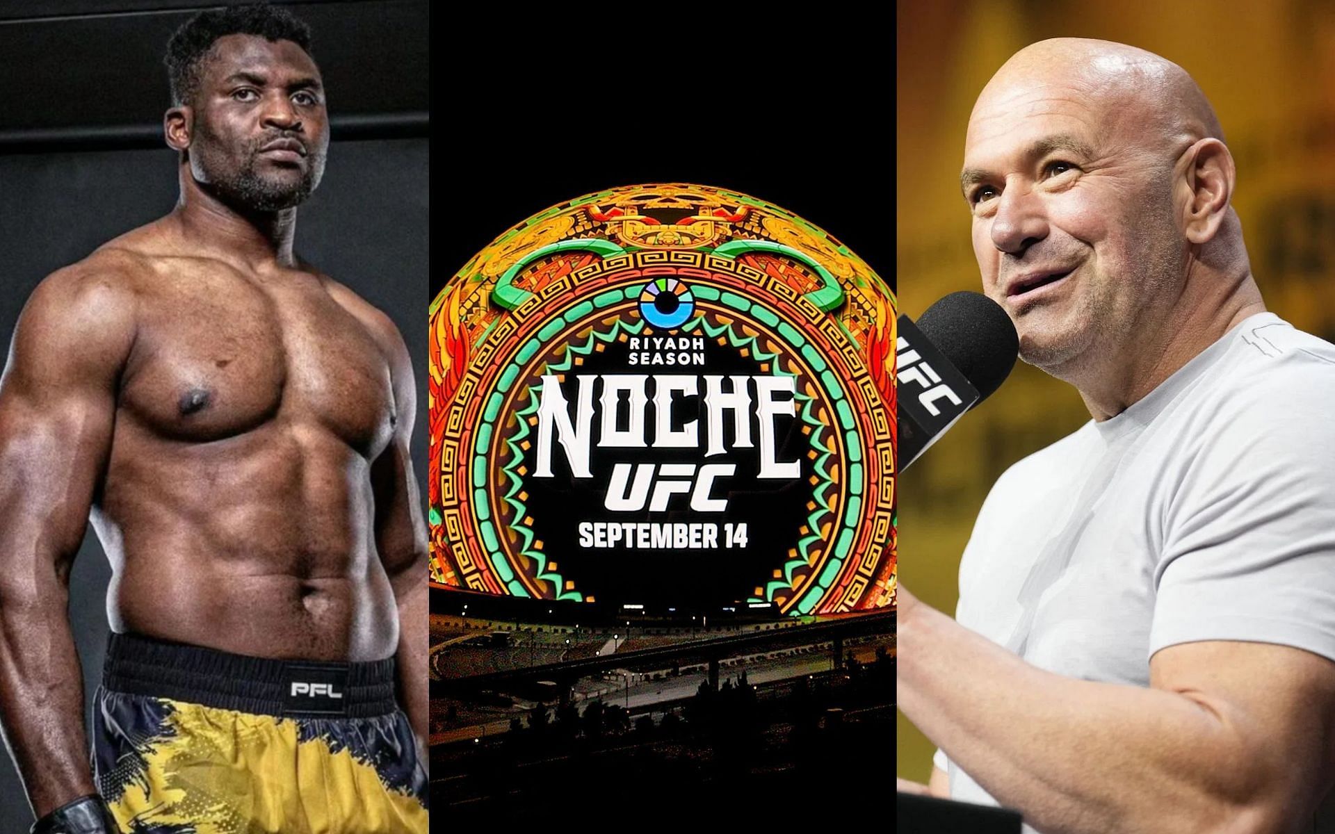 Francis Ngannou (left) headlines PFL super card on Oct. 19 that surpasses Noche UFC 306 at The Sphere (middle), which cost $20 million according to Dana White (right) [Images courtesy: Getty Images, @francisngannou on Instagram and @ufc on X]