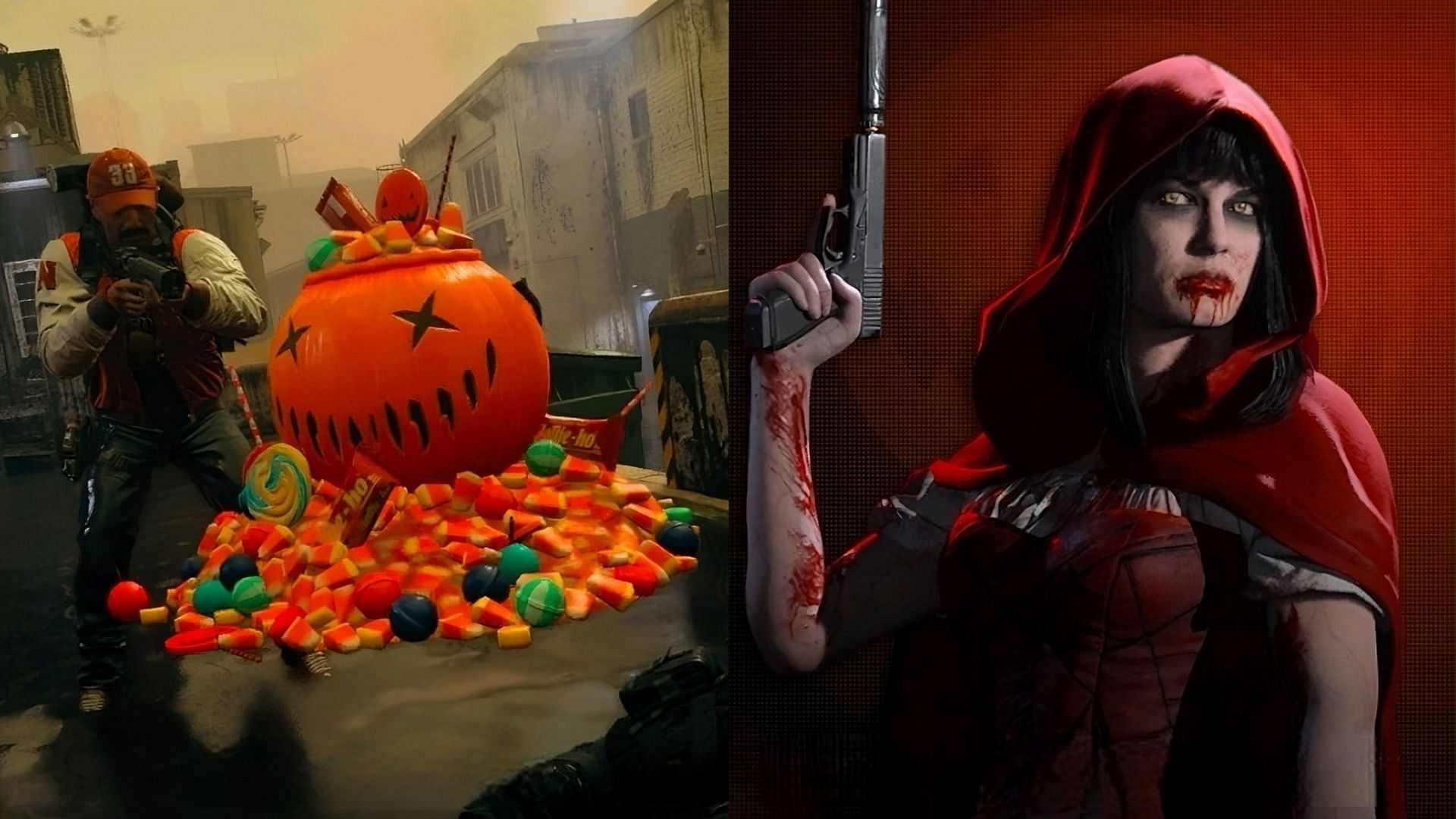 Blood Red Riding Hood skin in MW3 and Warzone on the right and an Operator collecting candies in the Trick 