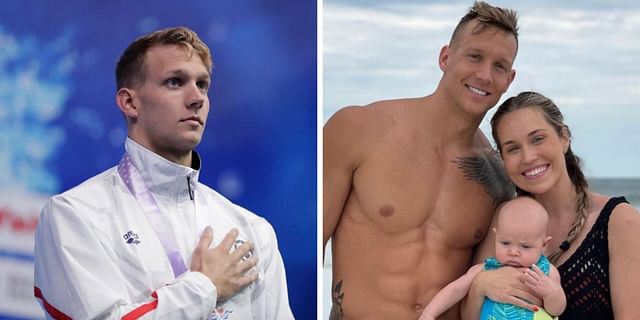 Caeleb Dressel enjoys time with family. PHOTO: Getty (L), Instagram/caelebdressel (R)