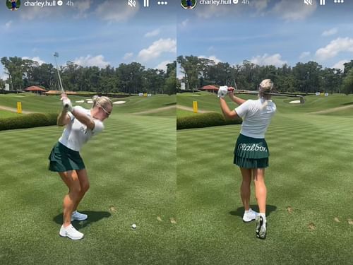 Charley Hull practices while sporting a Malbon skirt (Image via Instagram@charley.hull)