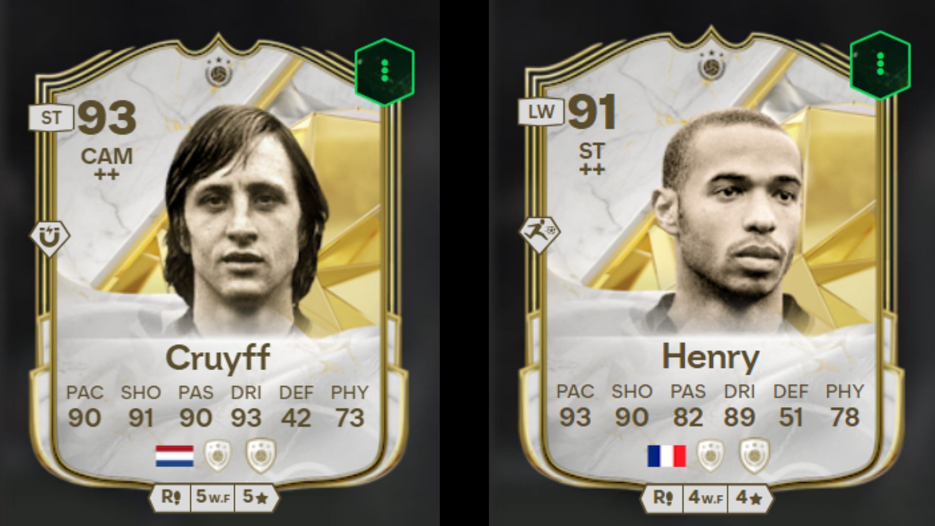 Johan Cruyff and Thierry Henry&#039;s Icon cards (Images via Futwiz || EA Sports)