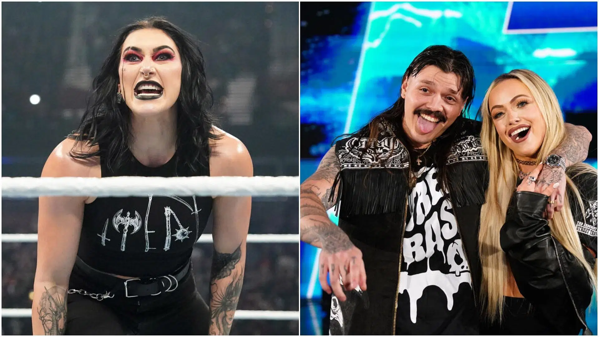 Rhea Ripley (left); Dominik Mysterio &amp; Liv Morgan (right). [Photos via: WWE.com]