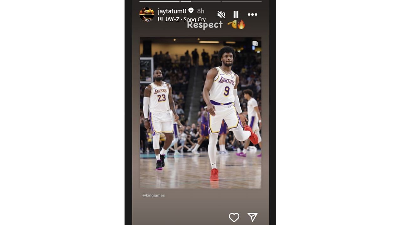 Jayson Tatum reacts to LeBron James&#039; history-making appearance with his son Bronny James on Sunday against the Phoenix Suns (Image Credit:@jaysontatum0/IG)