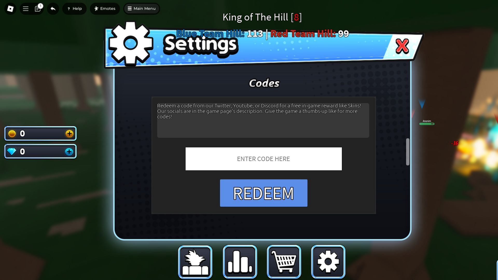 Redeem codes in Eternal Battlegrounds (Image via Roblox)