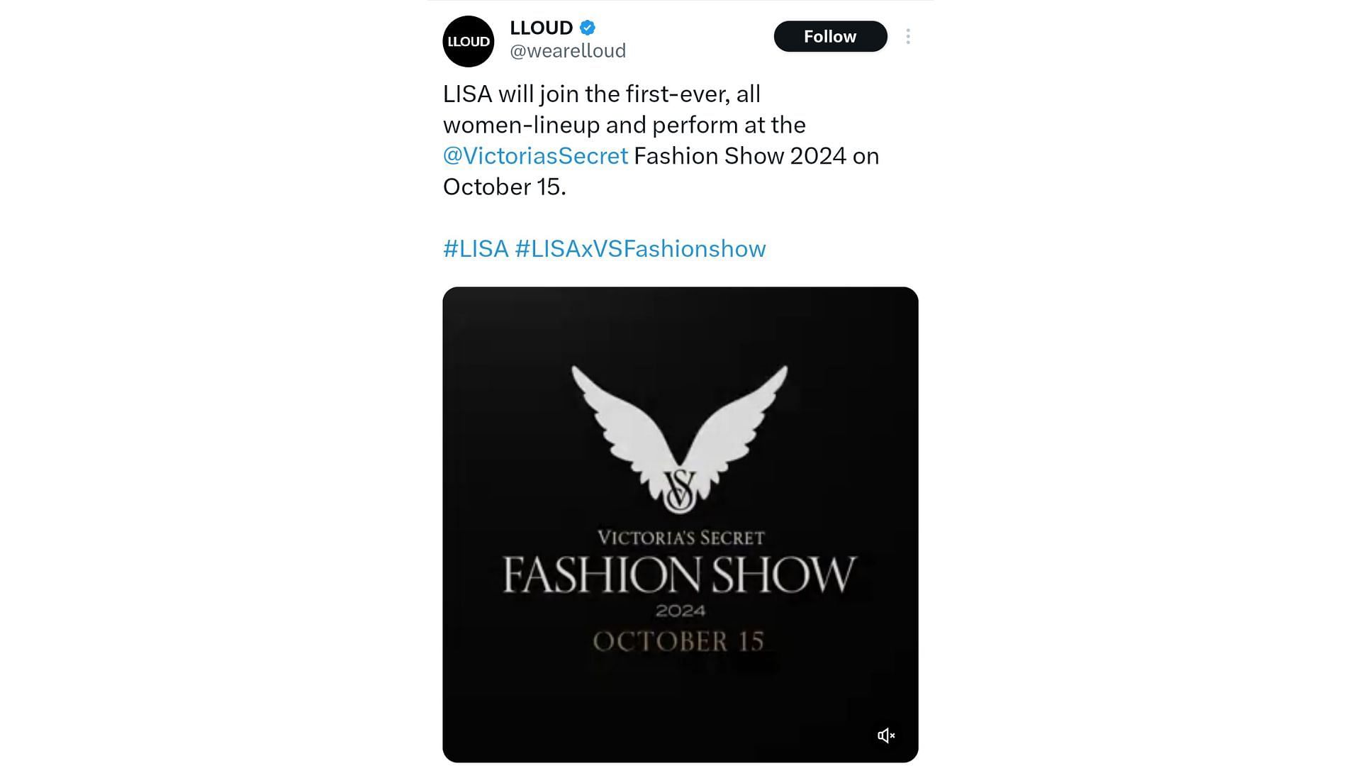 BLACKPINK&#039;S Lisa to perform at the 2024 Victoria&#039;s Secret show (Image via X/@wearelloud)