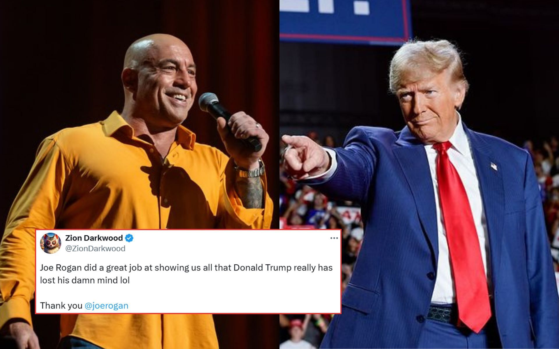 Joe Rogan (left) podcast featuring Donald Trump (right) sparks fan outrage. [Images courtesy: @joerogan and @realdonaldtrump on Instagram and SwannMarcus89 on X]