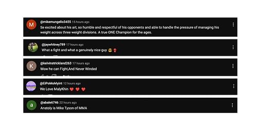 Screenshot of fans' comments. [ONE Championship/YouTube, screenshot]