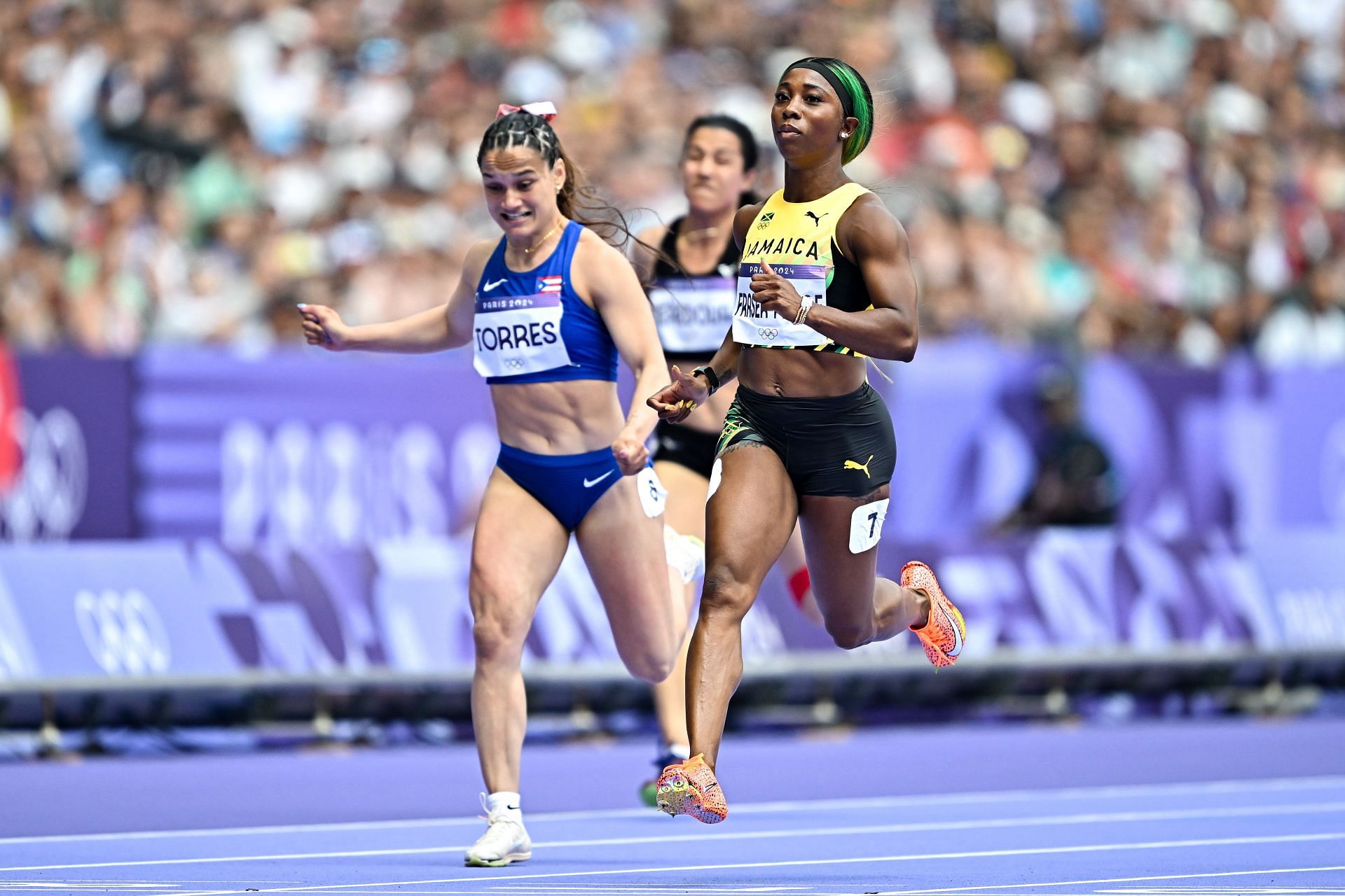 Shelly-Ann Fraser-Pryce during the preliminaries of the women&#039;s 100m at the Paris Olympics [Image Source: Getty]