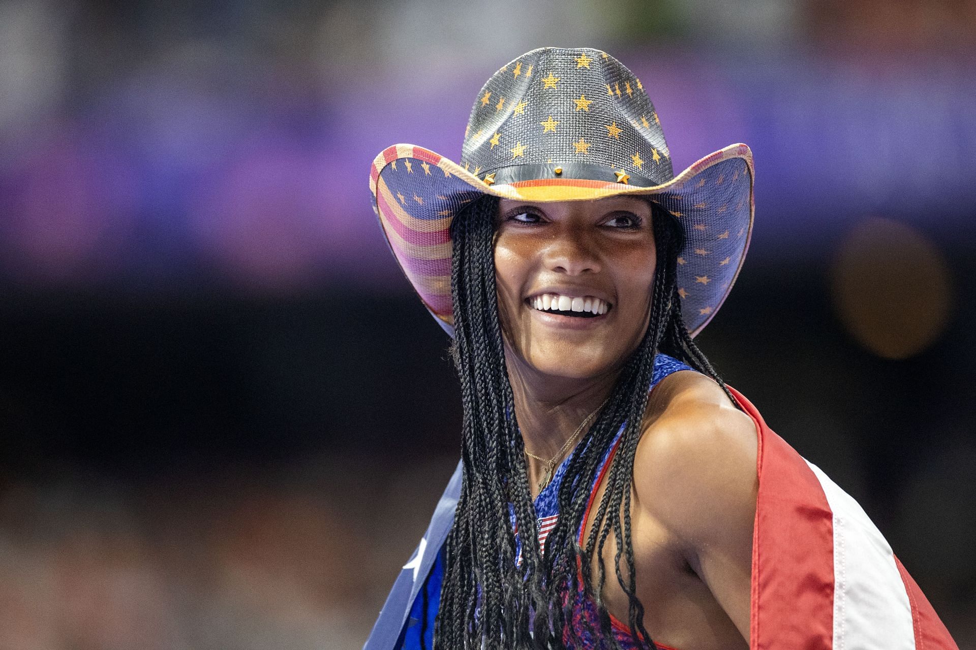 Tara Davis-Woodhall celebrates winning the gold medal in the Women&#039;s Long Jump Final during the 2024 Summer Olympic Games in Paris, France. (Photo via Getty Images)