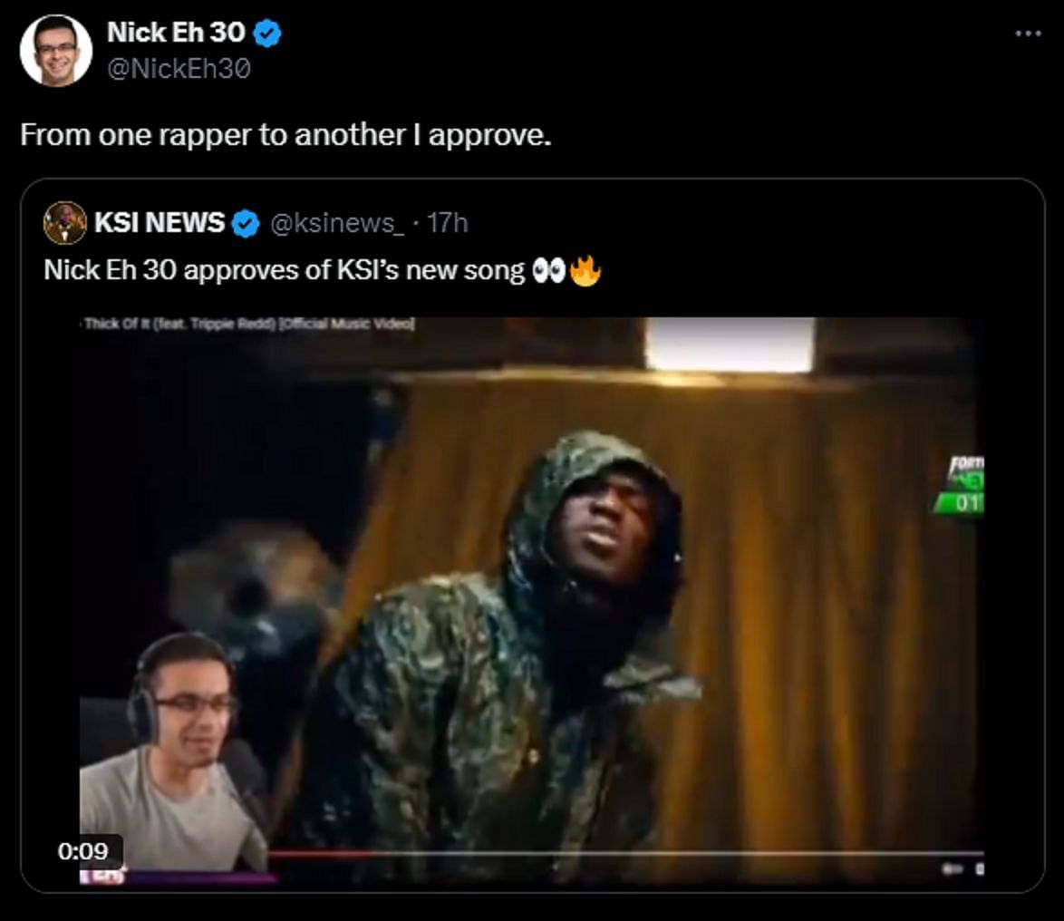 NickEh30 praises KSI&#039;s new song (Image via X/NickEh30)