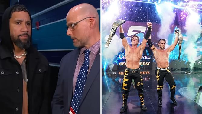 Adam Pearce reacts after Jey Uso helps Motor City Machine Guns win the WWE Tag Team Championship