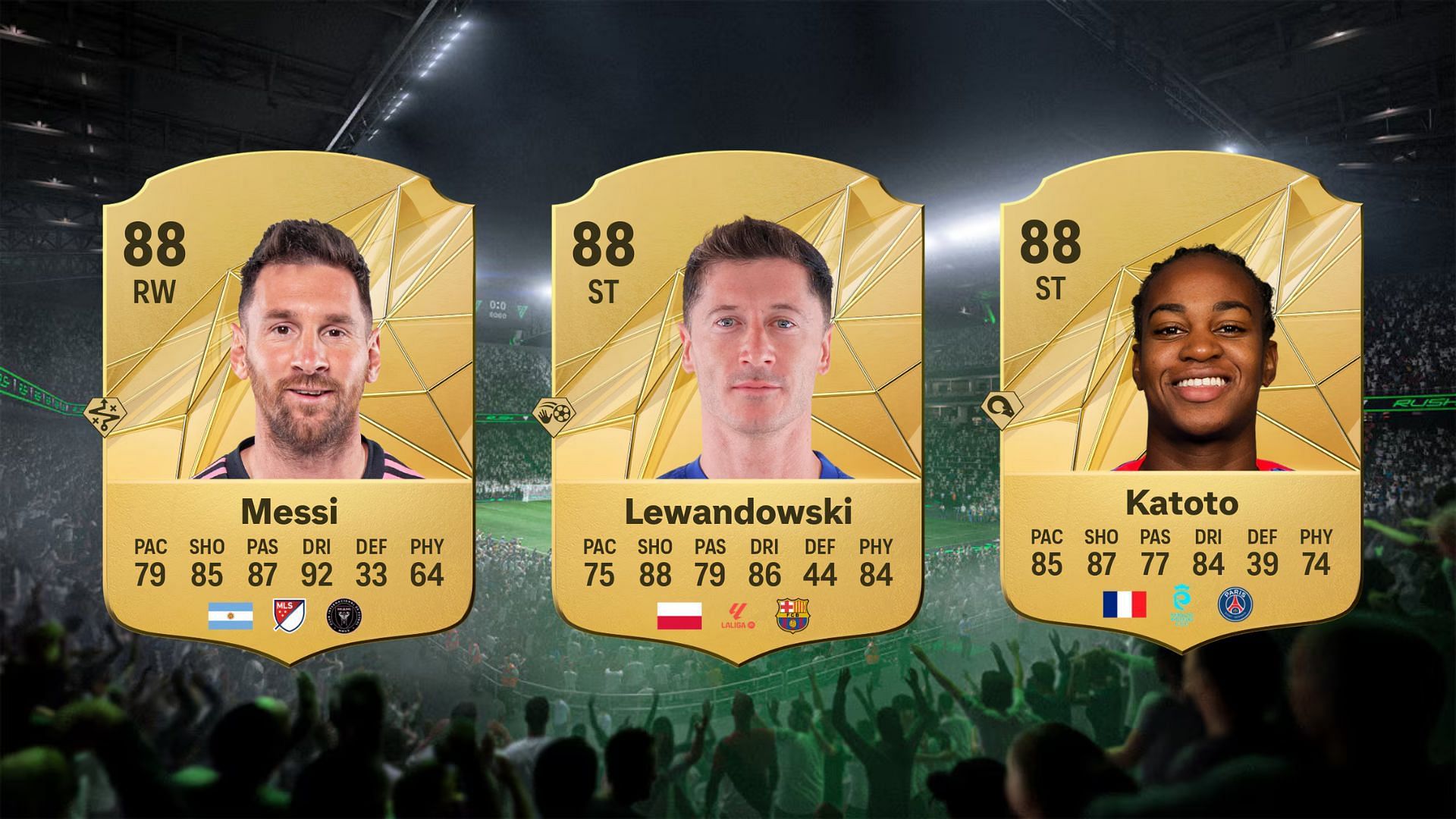 Lionel Messi, Robert Lewandowski, and Marie Katoto&#039;s FC 25 cards (Images via EA Sports)