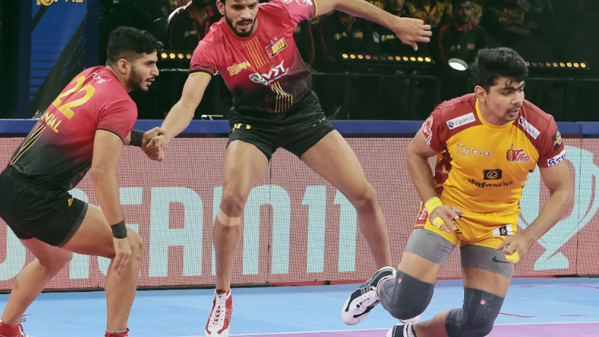 Pawan Sehrawat during a raid for Telugu Titans in Season 10 (Image Credits: PKL)