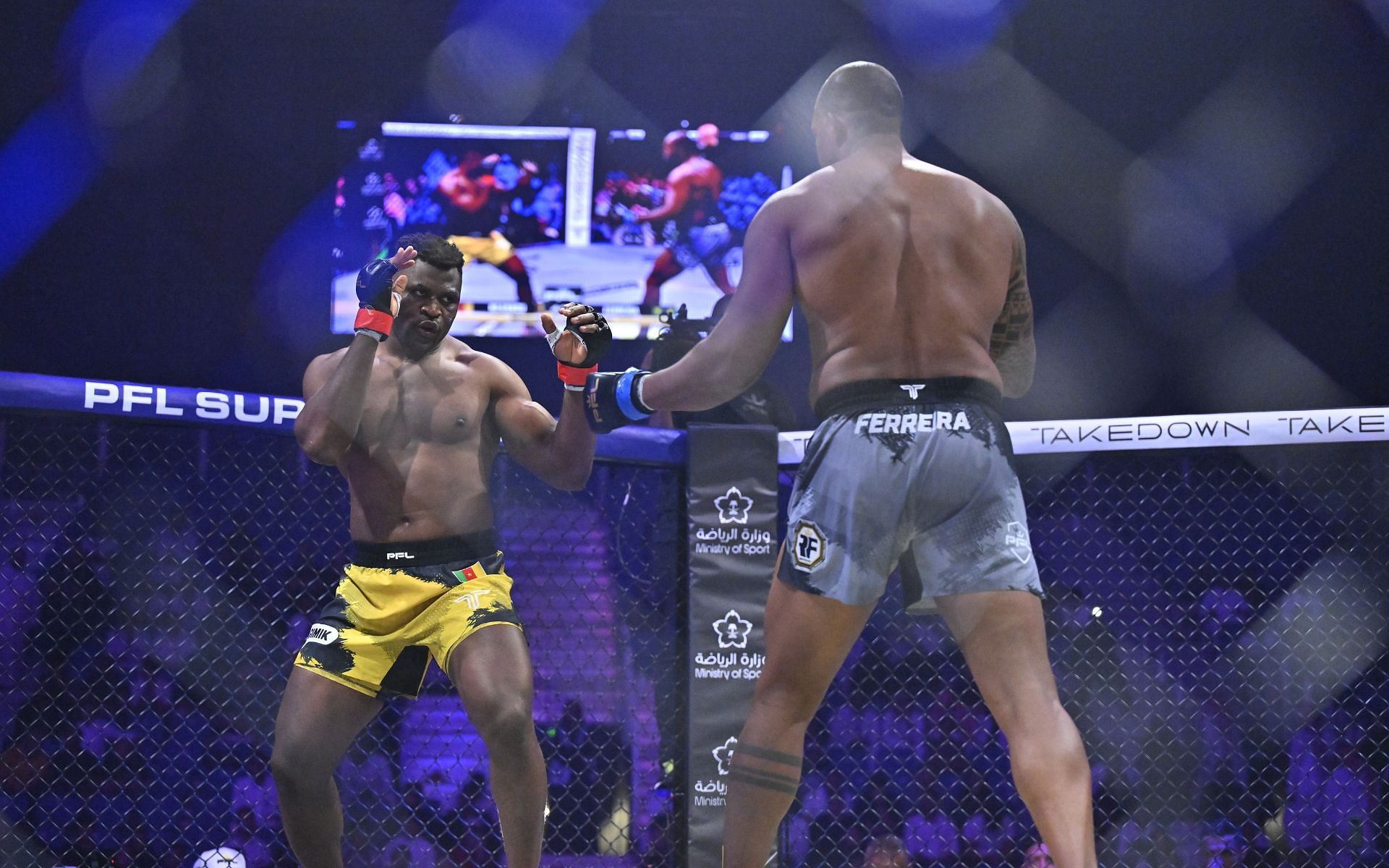 Francis Ngannou (left) out-grappled Renan Ferreira (right) and utilized a ground-and-pound onslaught to beat him in their PFL title showdown [Image courtesy: Getty Images]