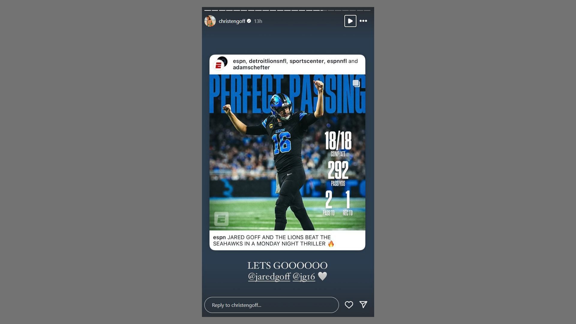 Jared Goff's wife Christen Harper celebrates Lions QB's historic 18-of-18 night after Monday Night Football win vs Seattle (Image Source: IG/christengoff)