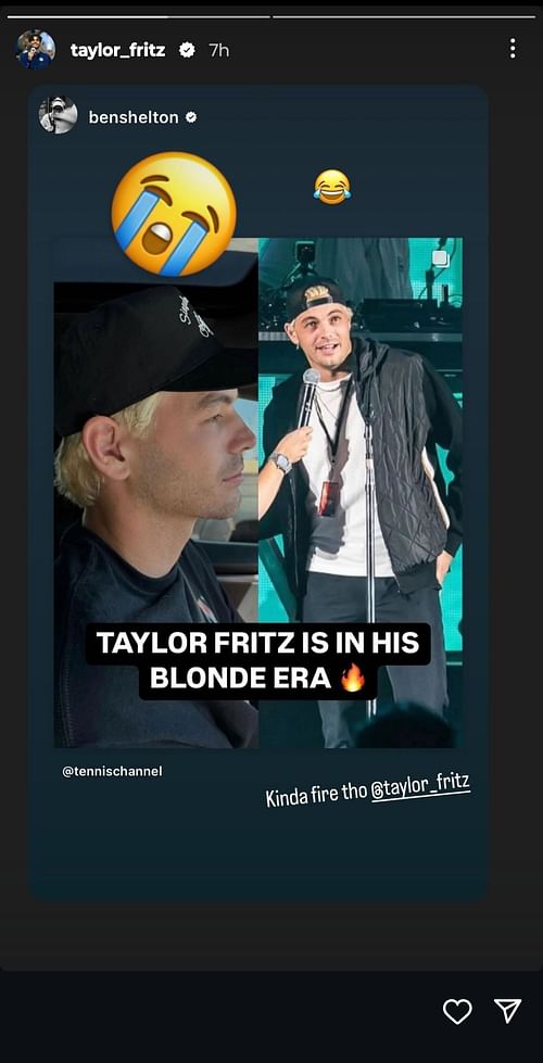 Taylor Fritz reshares Ben Shelton's Instagram Story. (Image: Instagam @taylor_fritz)