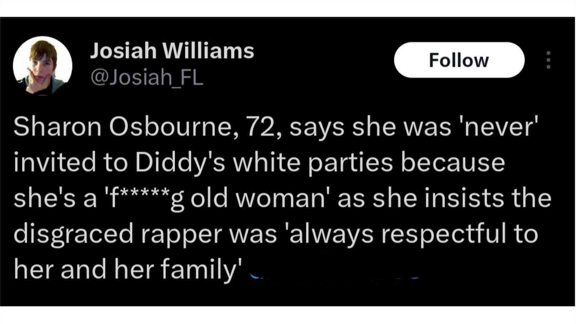 Sharon Osbourne&#039;s take on Diddy, (Photo via X/@Josiah_FL)