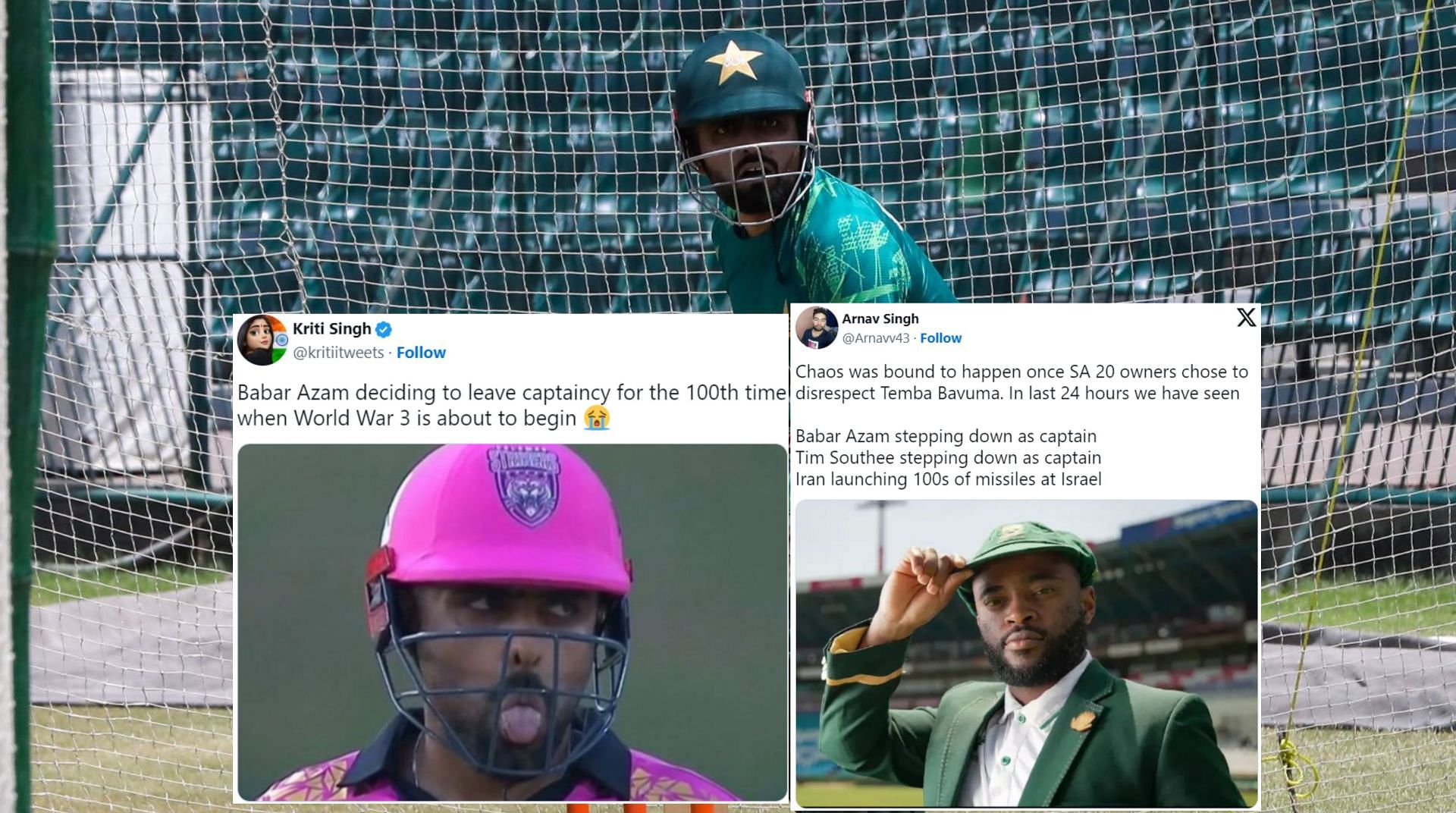 Fans post memes after Babar Azam resigns as ODI and T20I captain. (Image: X- @babarazam258, @kritiitweets, @Arnavv43)