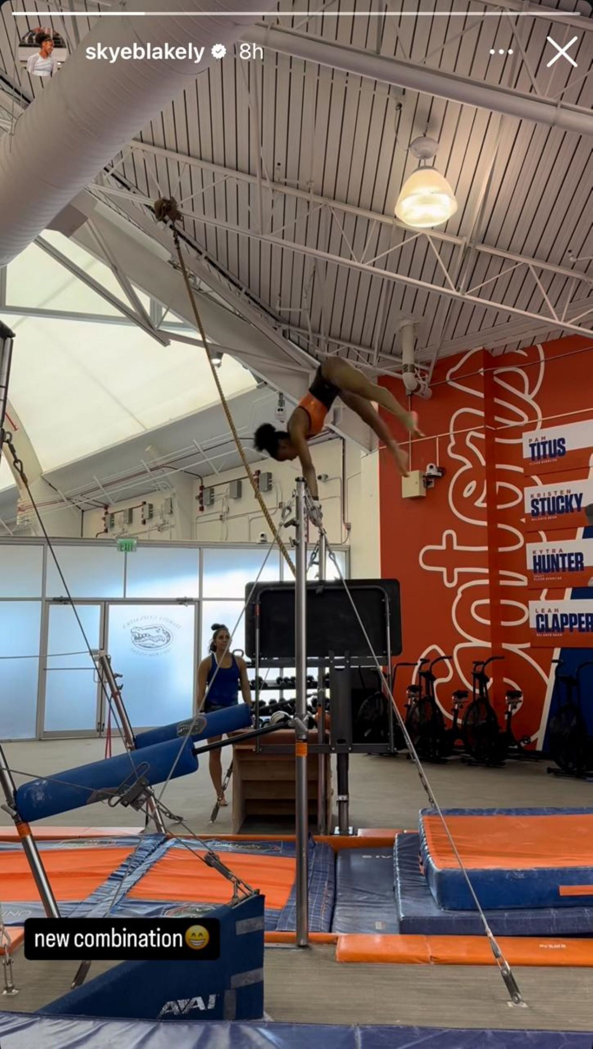 Skye Blakely executing a new skill combination on the uneven bars; Instagram - @skyeblakely