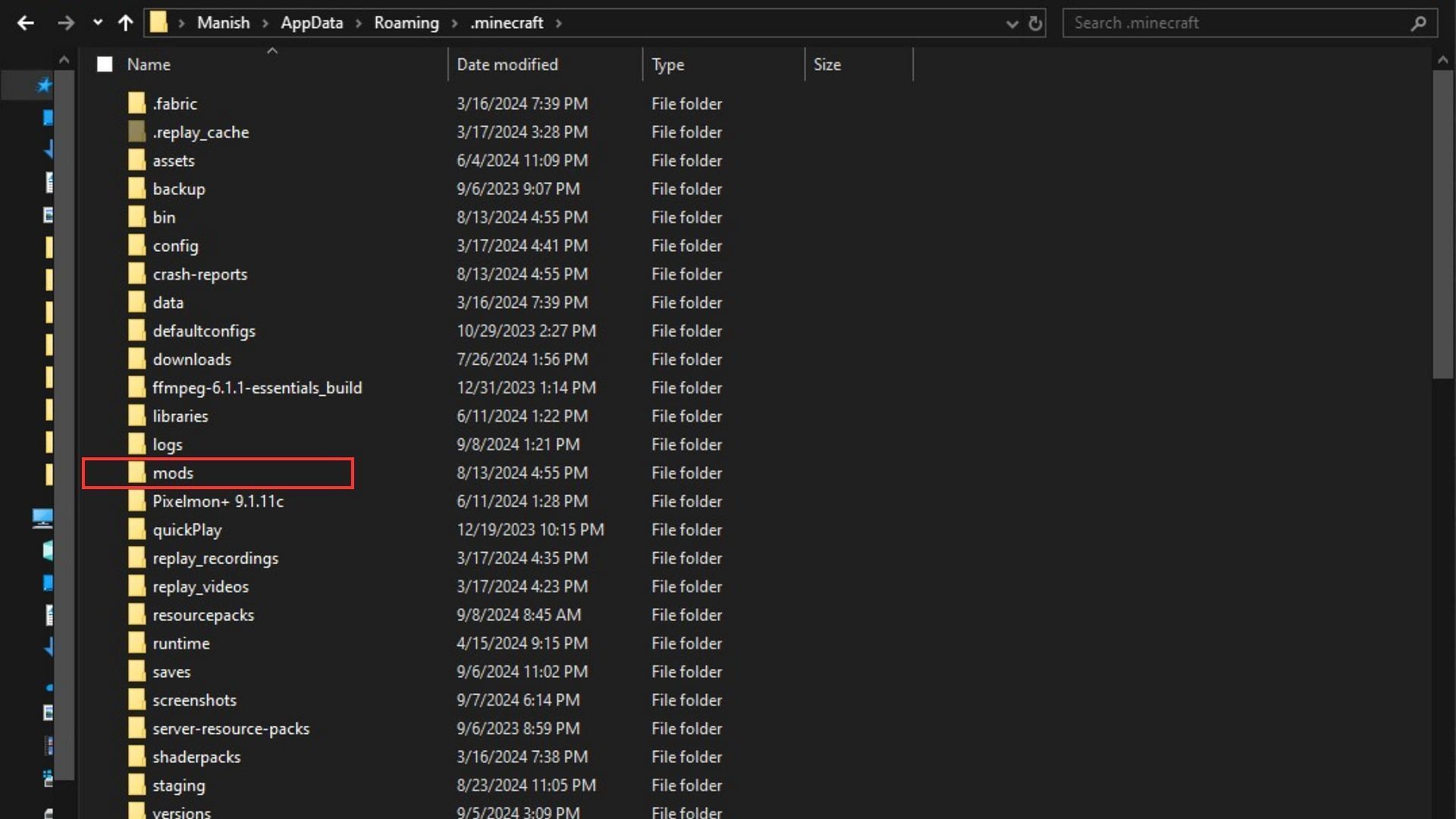 Find the mods folder in the .minecraft folder (Image via Microsoft)