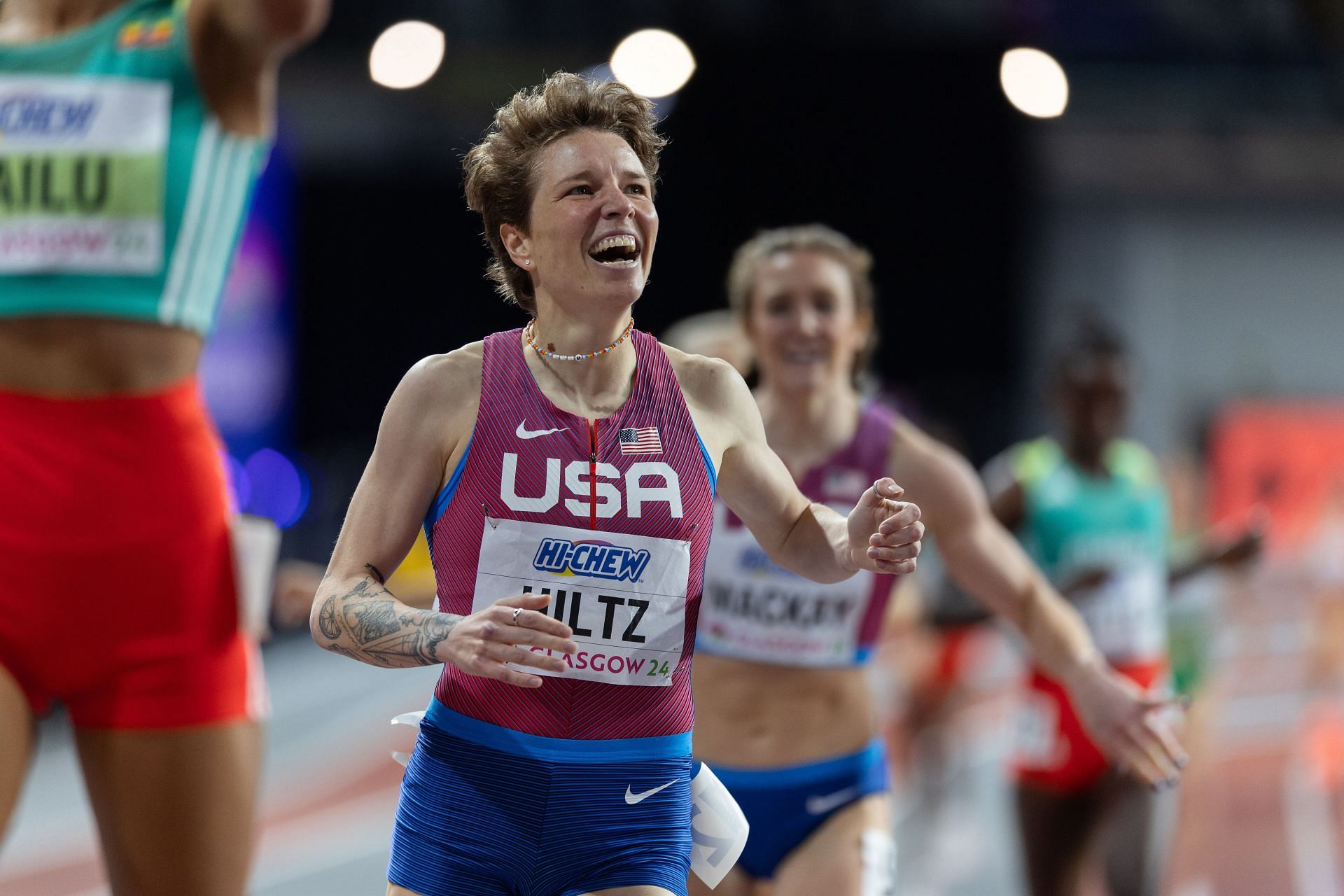 Nikki Hiltz celebrates coming second in the Women 1500m Final at the 2024 World Athletics Indoor Championships - Source: Getty