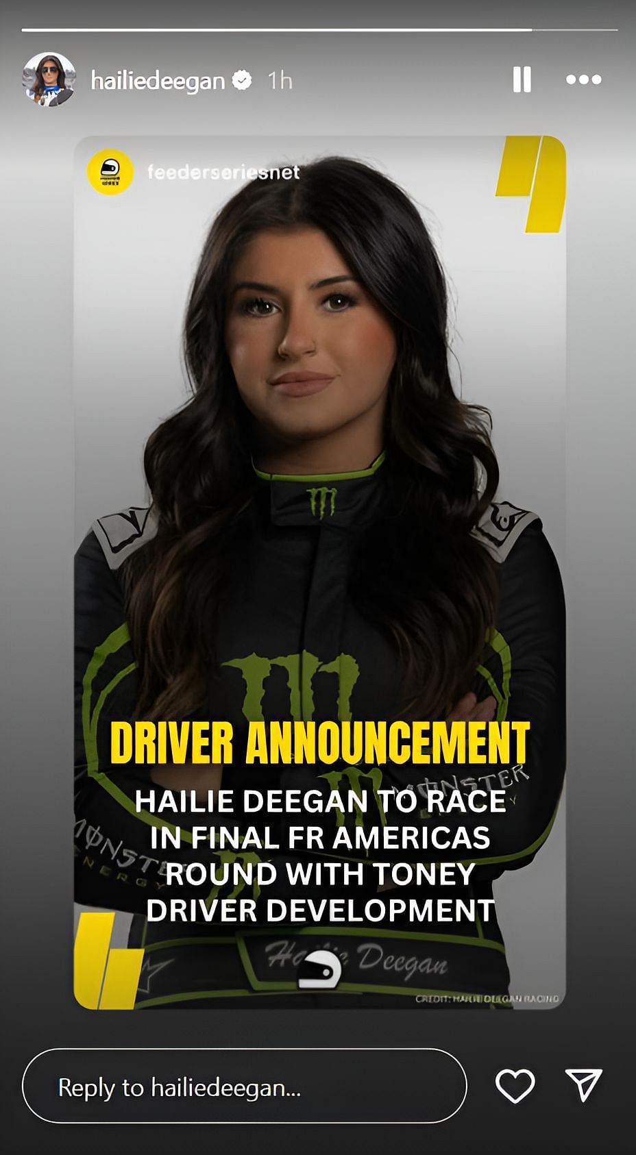 Hailie Deegan confirming her debut in Formula Regional Americas (Source: @hailiedeegan on Instagram)