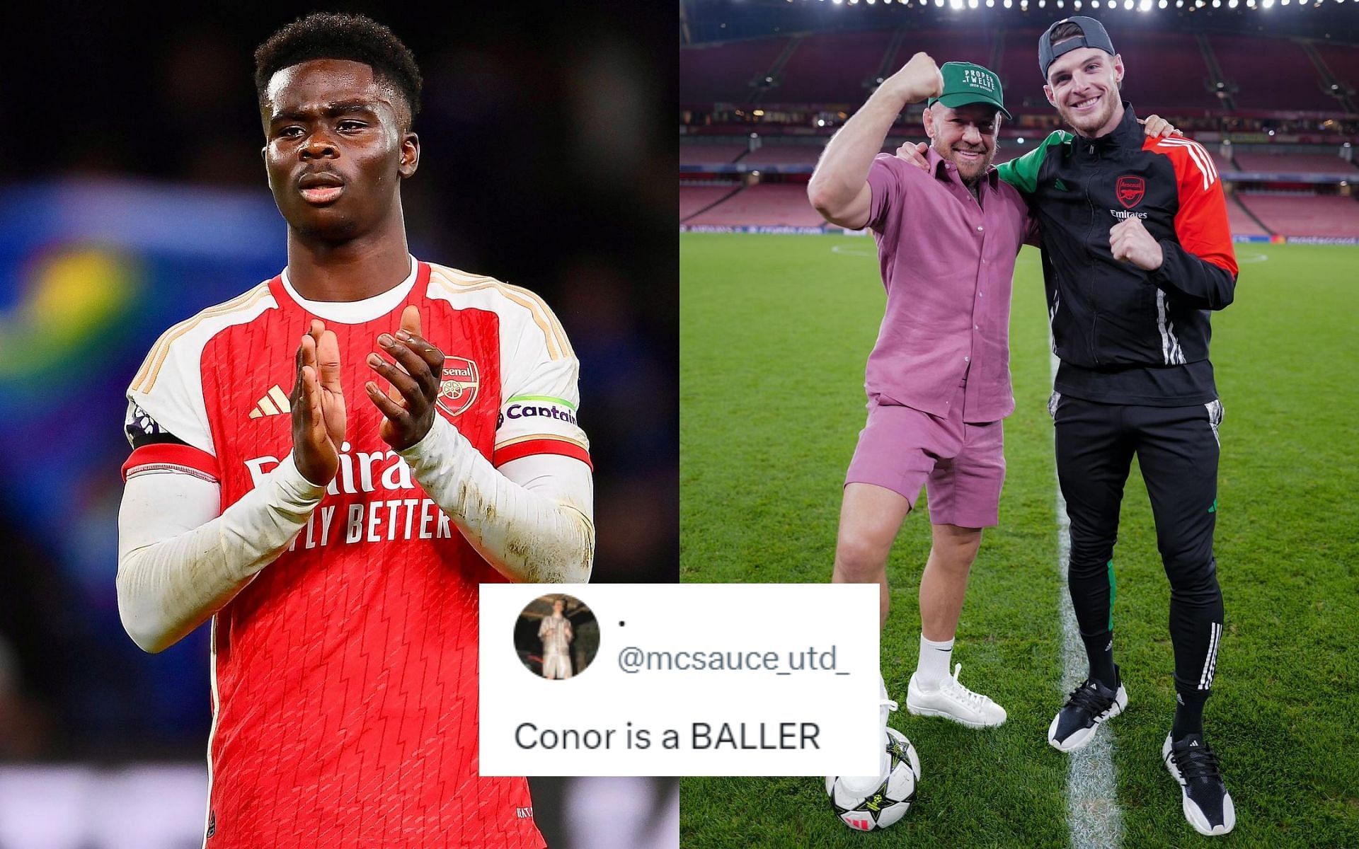 Fans react to Conor McGregor (center) playing football with Bukayo Saka (left) and Declan Rice (right). [Images courtesy: @thenotoriousmma, @bukayosaka87 and @declanrice on Instagram]