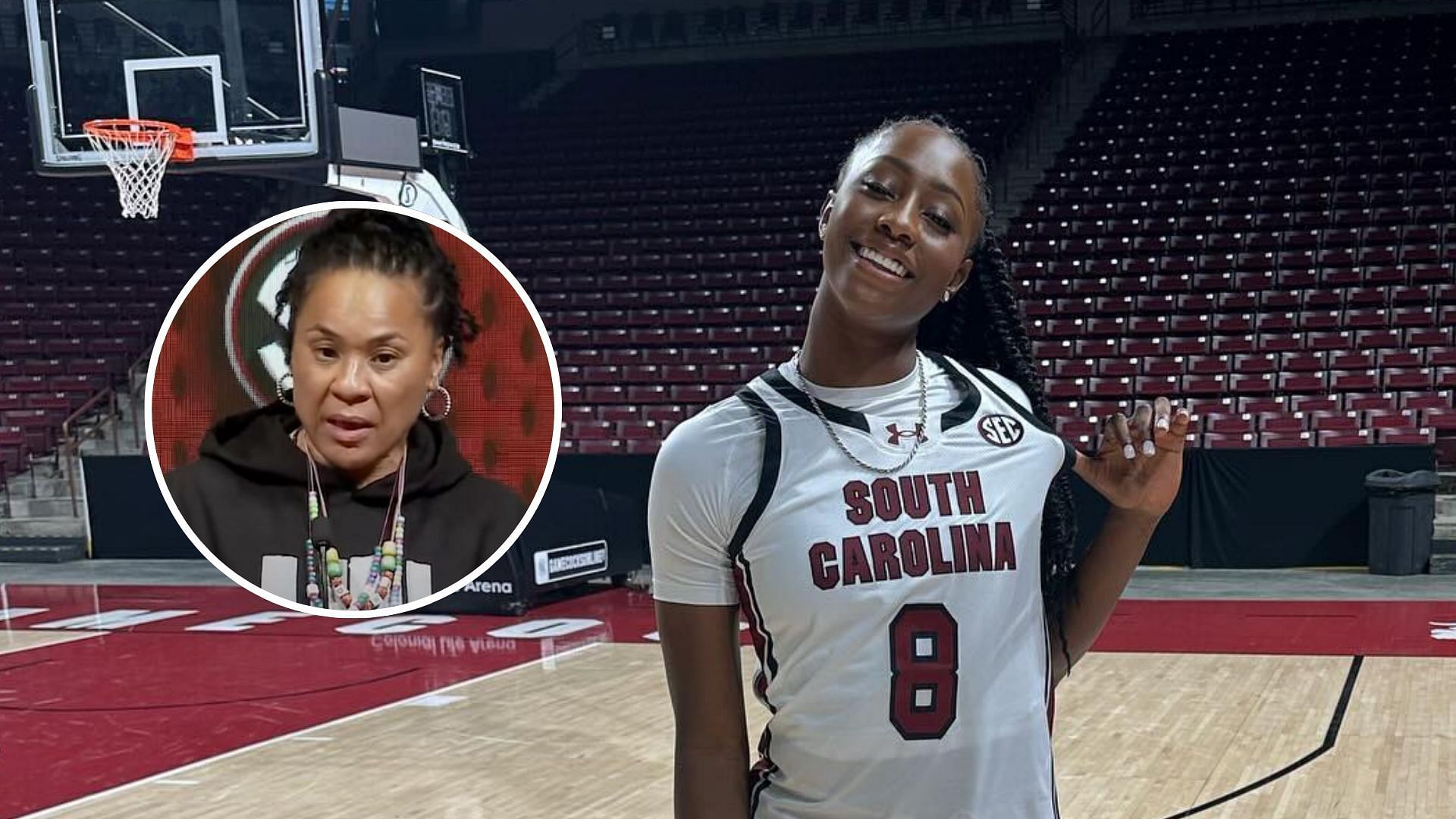 Dawn Staley had some good things to say about Edwards&rsquo; debut for the Gamecocks. (Images via SCG/YouTube, Joyce Edwards/Instagram)