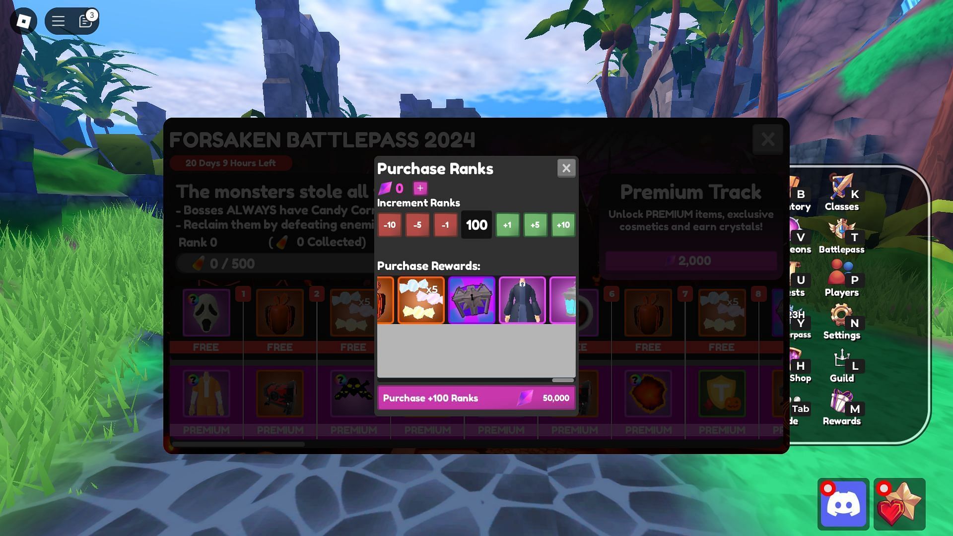 Use 500 Crystals to buy one Rank in the Forsaken Battlepass (Image via Roblox)