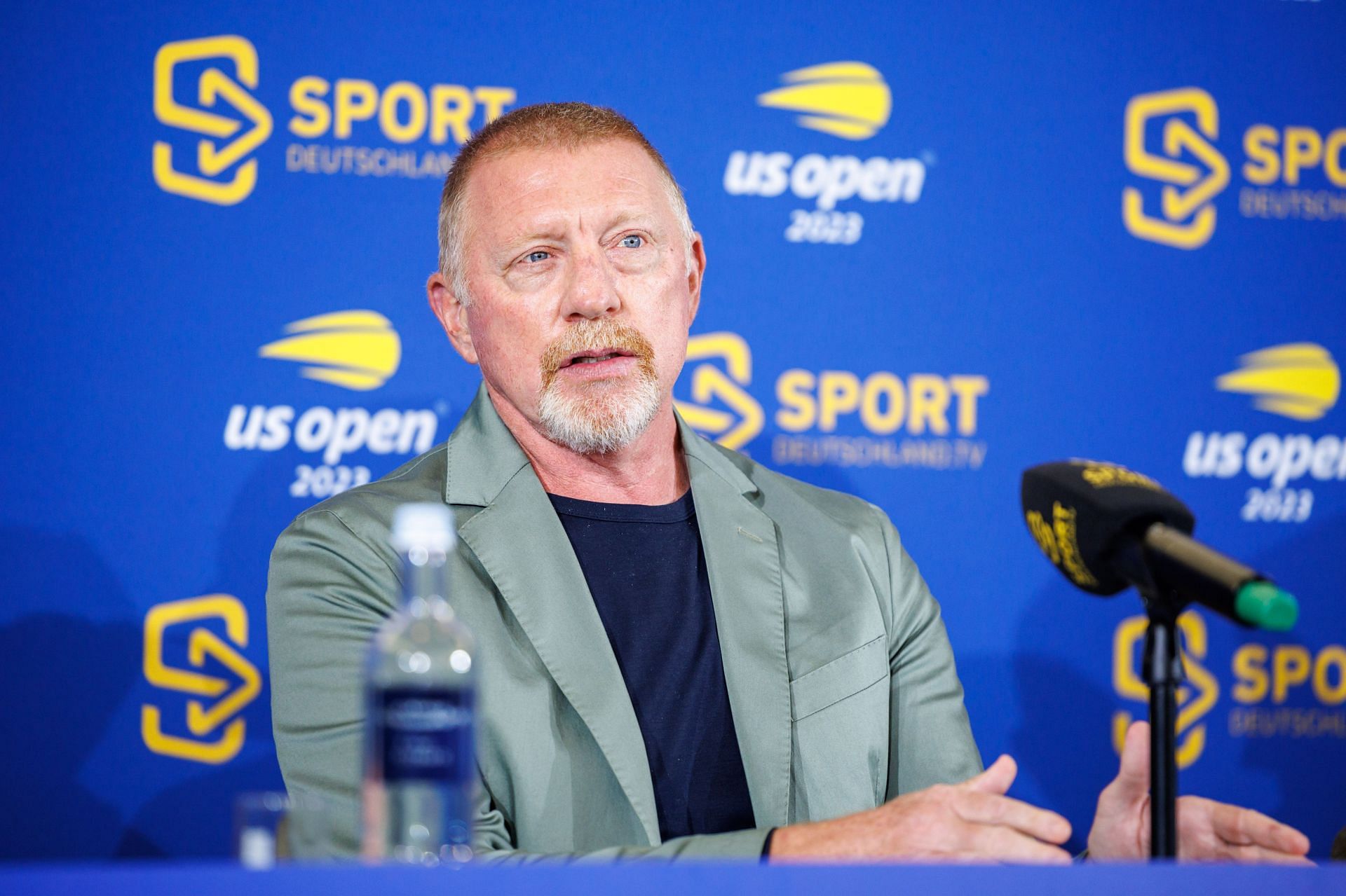 Boris Beckaer at a press event at the 2023 US Open. Image: Getty