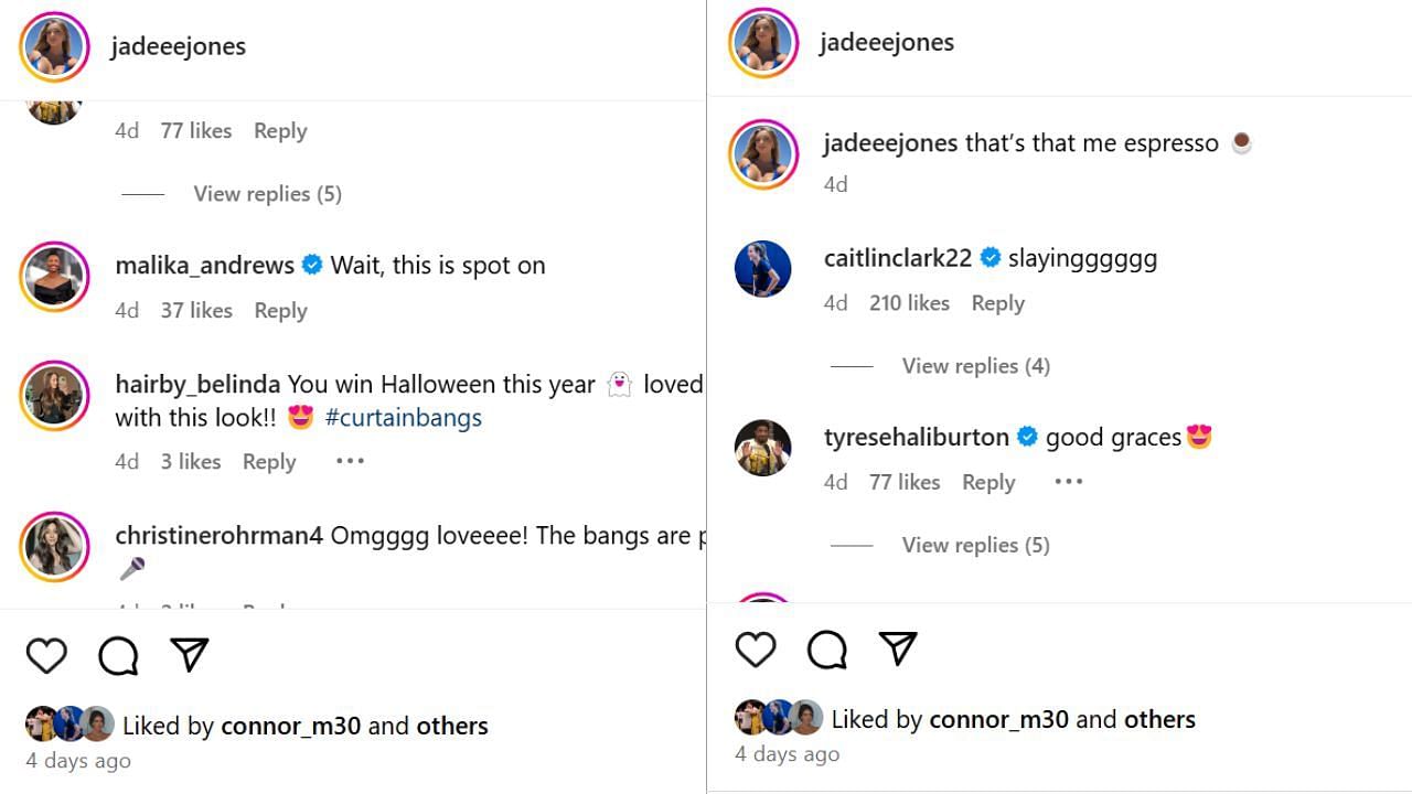 Haliburton, Caitlin Clark and Malika Andrews react to Jade Jones' latest Instagram photos. [photo: jadeeejones/IG]