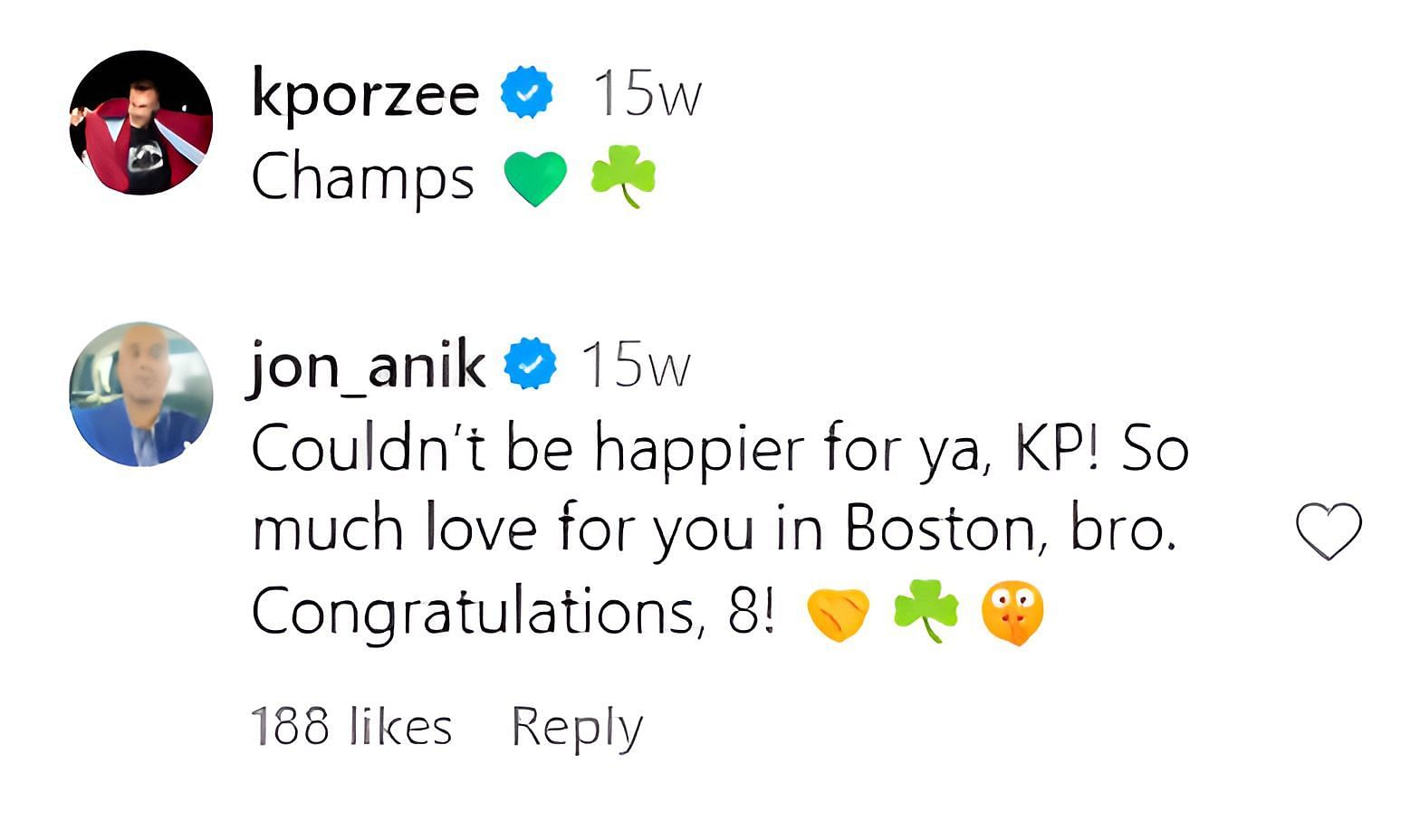 Jon Anik congratulates Kristaps Porzingis after the 2023-24 NBA title victory.