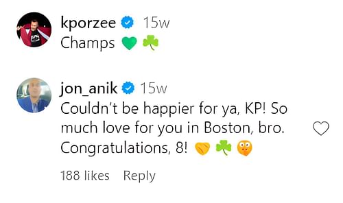 Jon Anik congratulates Kristaps Porzingis after the 2023-24 NBA title victory.