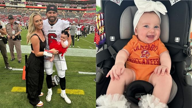 In Photos: Baker Mayfield's wife Emily, daughter Kova pose as QB's 'biggest fans'
