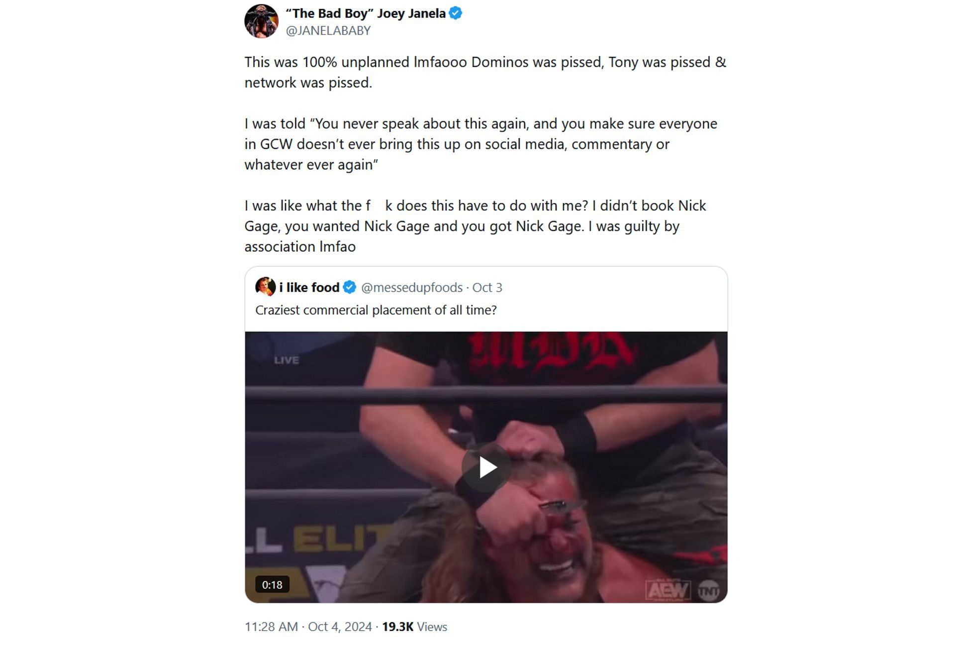 Screenshot of Joey Janela&#039;s censored tweet on X (Photo Credit: Joey Janela on X)