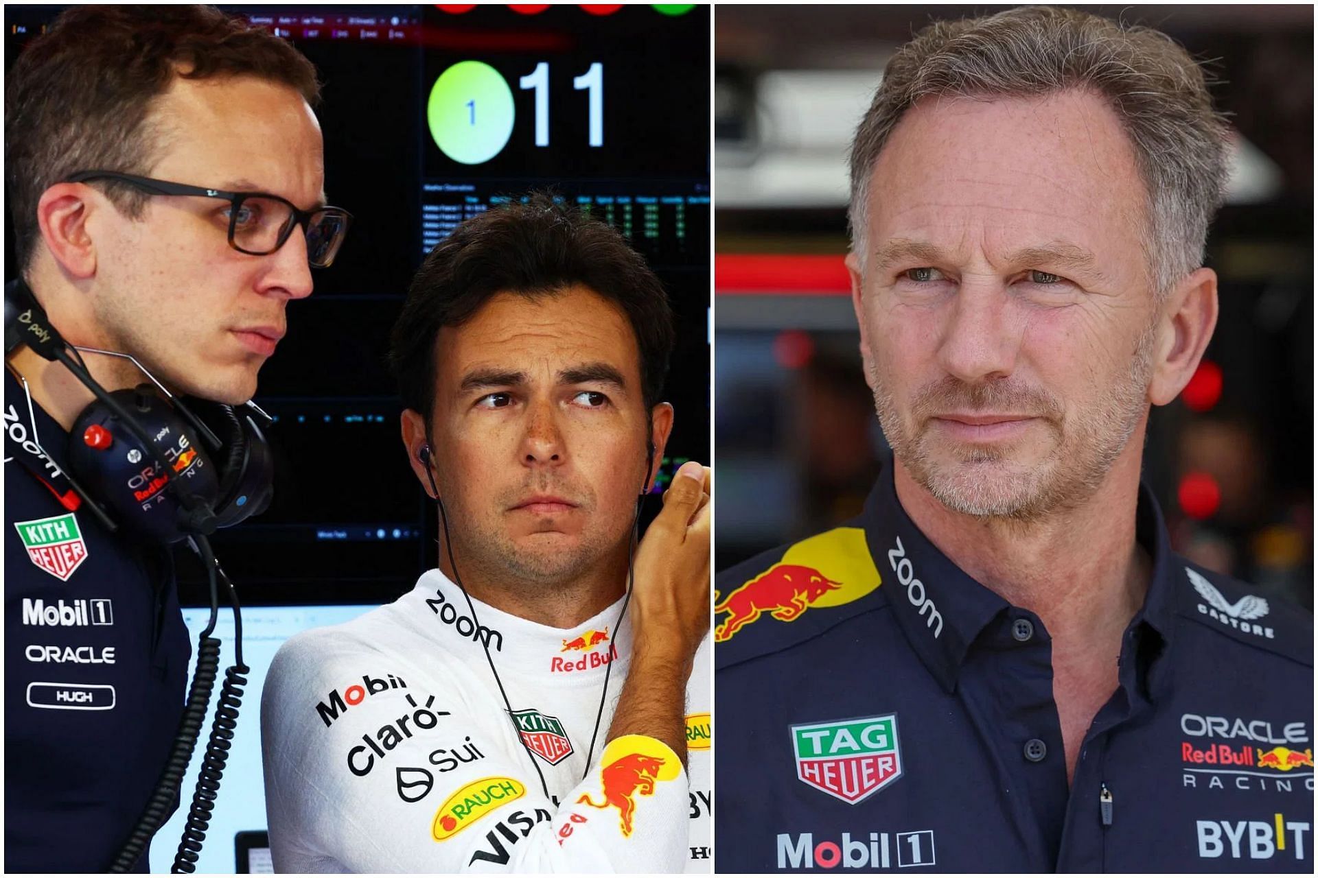 Hugh Bird (L), Sergio Perez (C), and Christian Horner (R) (Images via Getty)