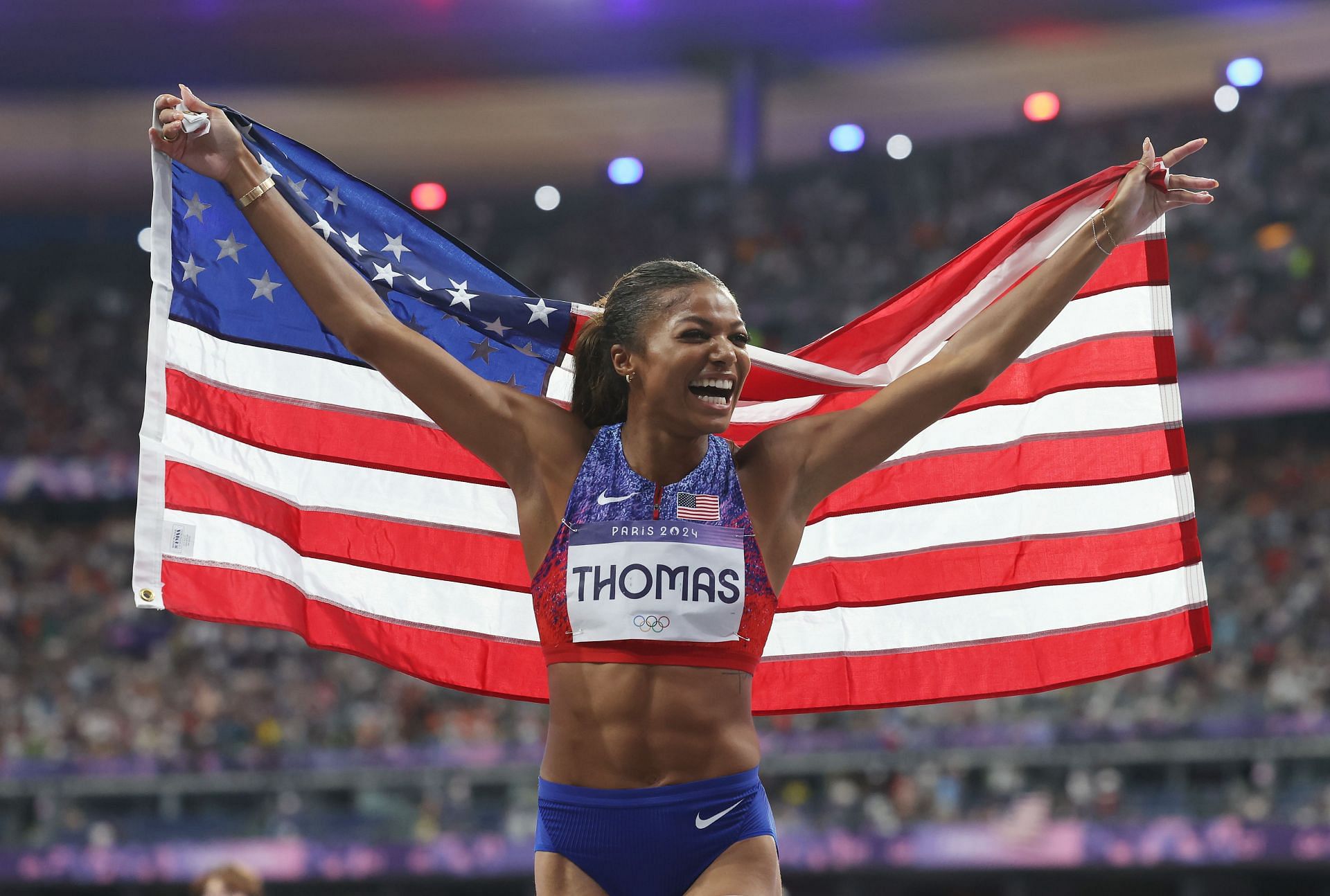 Thomas after winning the 200m gold medal on the 11th day of the Paris Olympics (Image via: Getty)