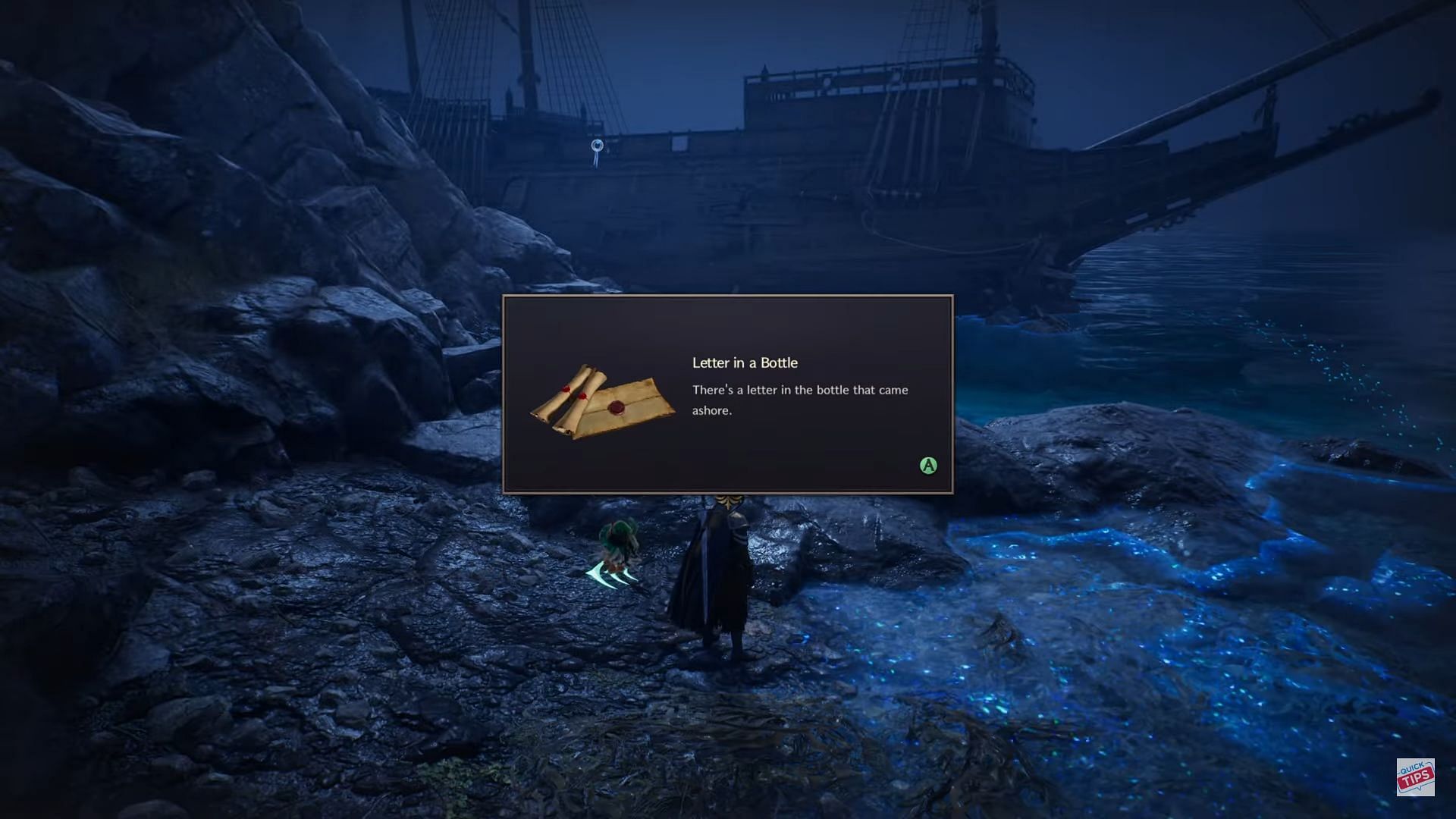 You need to find the letter in a bottle at Windhill Shores to start the mission (Image via NCSOFT, YouTube/@Quick Tips)