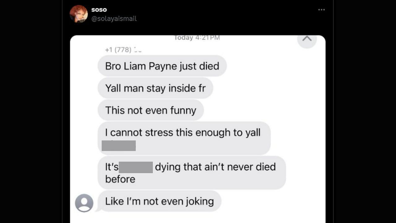 Reaction tweet to Liam Payne&#039;s death (Image via X/@solayaismail)