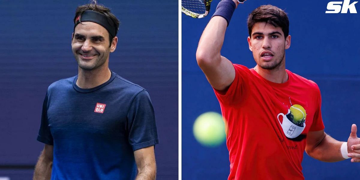 Roger Federer and Carlos Alcaraz shared the practice courts in Shanghai for a fun hitting session [Roger Federer (L), Carlos Alcaraz (R), Sources: Getty]