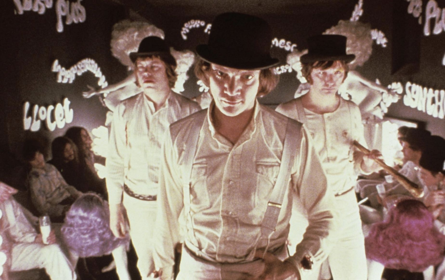 Malcolm McDowell, Warren Clarke, and James Marcus in A Clockwork Orange (Image via Warner Bros.)